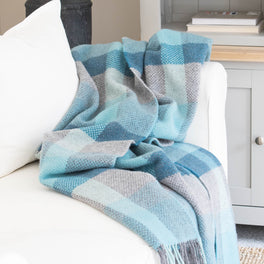 Blue and Grey Check Merino and Cashmere Wool Throw