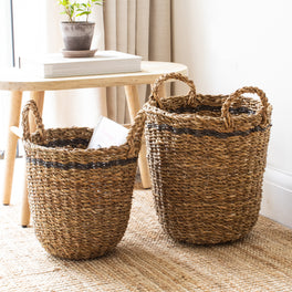 Round Seagrass Basket With Charcoal Stripe