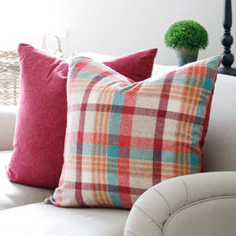 Mulberry and Orange Check Wool Cushion