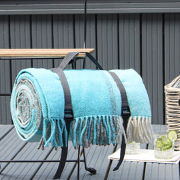 Turquoise Check Wool Picnic Blanket