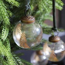 Etched Gold Tree Glass Christmas Baubles with Velvet Ribbons – Set of 6