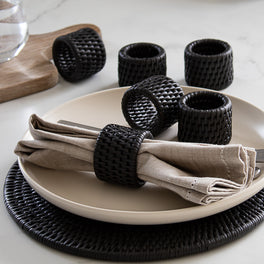 Marbury Black Rattan Napkin Rings - Set of 6