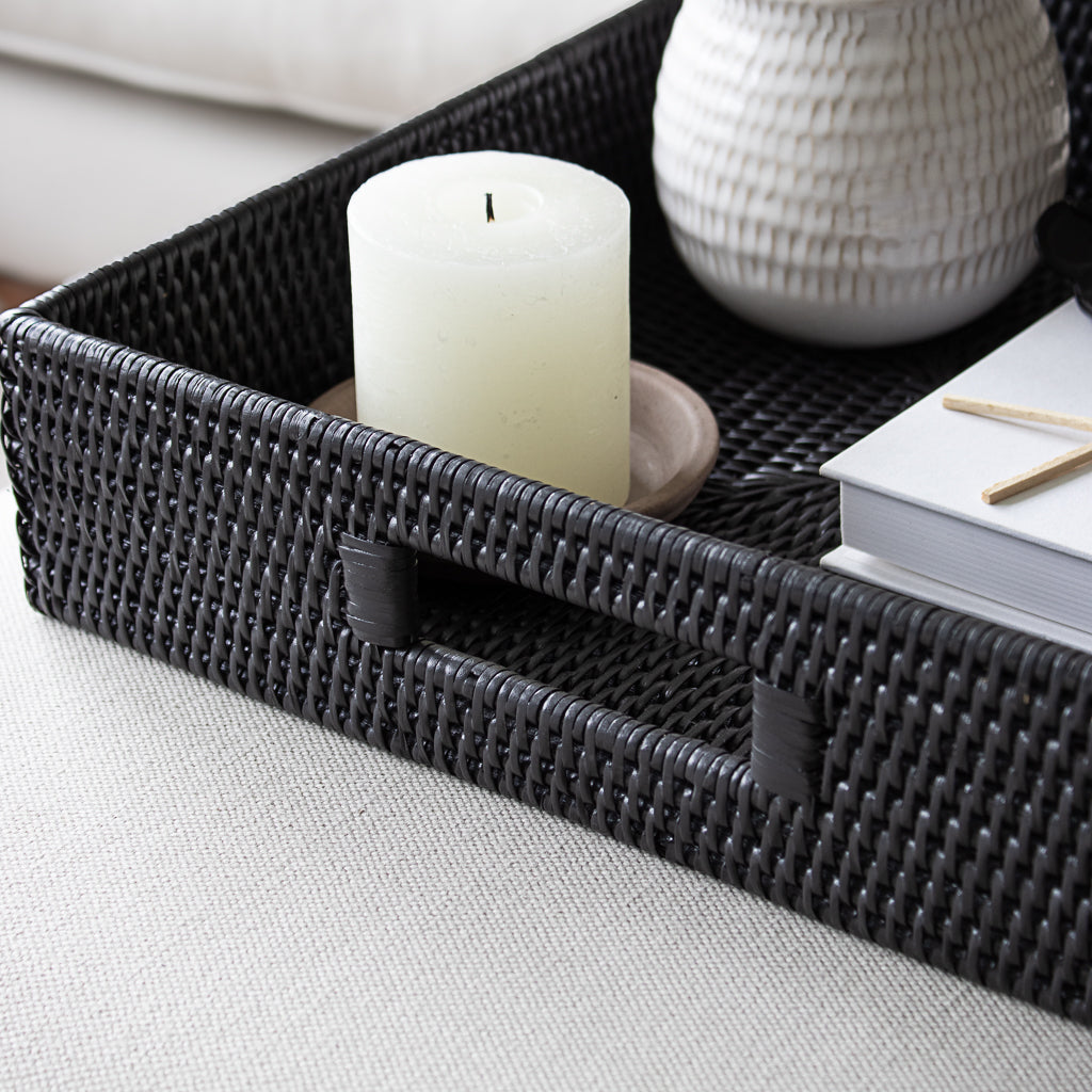 Marbury Black Rattan Square Tray - Marquis & Dawe