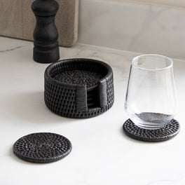 Marbury Black Round Rattan Coasters - Set of 6