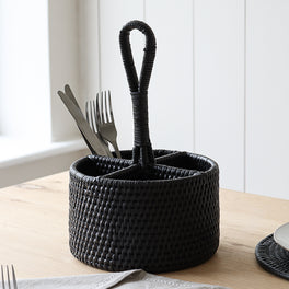 Marbury Black Round Rattan Cutlery Basket