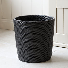 Marbury Black Round Rattan Wastepaper Bin