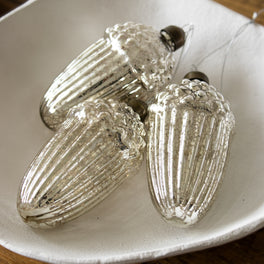 Six Silver Acorn Glass Baubles