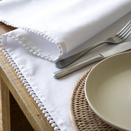 White Table Runner With Pom Pom Edge