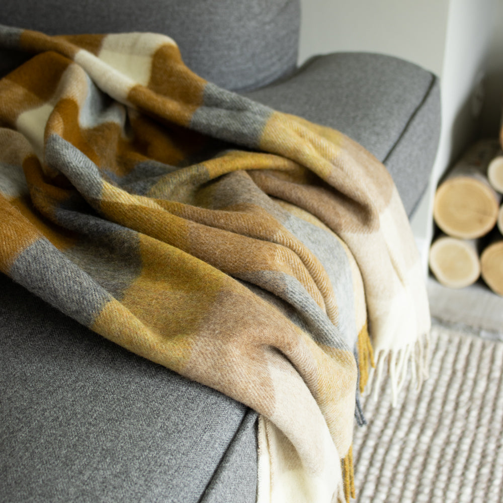 Caramel Beige Check Merino Lambsool Throw - Marquis & Dawe