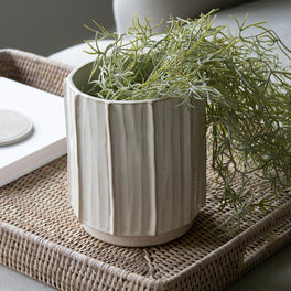 Decorative White Ribbed Stoneware Pot