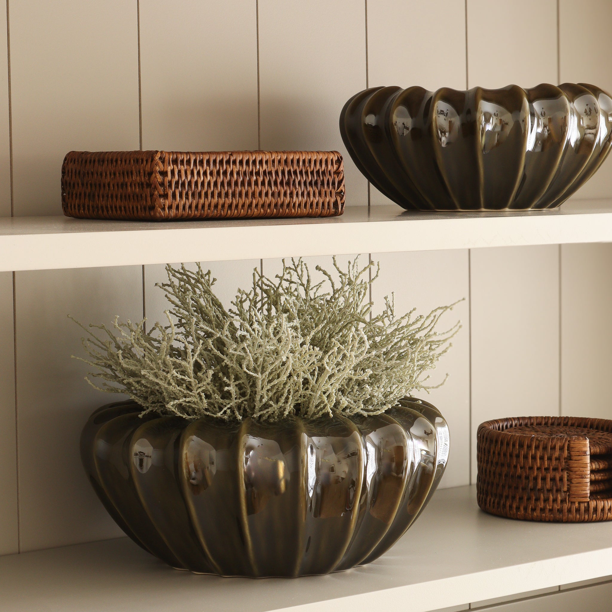 Dark Green Ribbed Decorative Bowl - Marquis & Dawe
