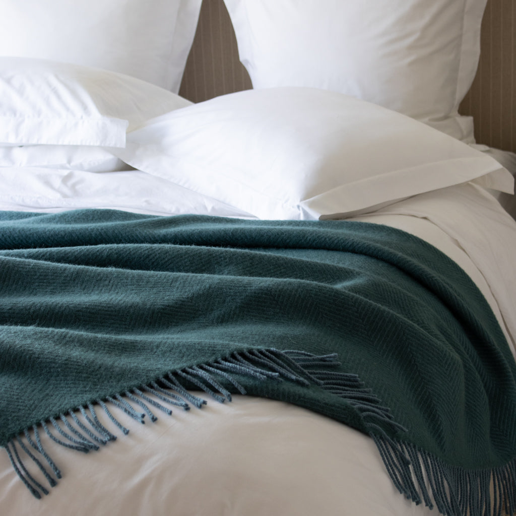 Teal Ruffle Throw Extra Large Teal And Blue Herringbone Wool Throw - Marquis & Dawe