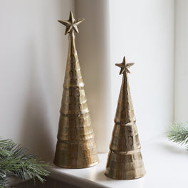 Set of Two Gold Etched Metal Christmas Trees
