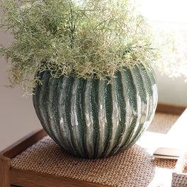 Large Green Ribbed Ceramic Vase