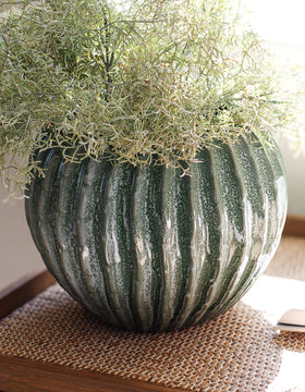 Large Green Ribbed Ceramic Vase