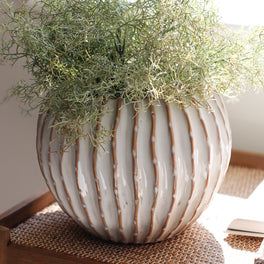 Large Ribbed Round Ceramic Vase
