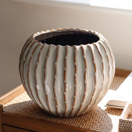 Large Ribbed Round Ceramic Vase