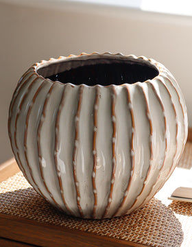 Large Ribbed Round Ceramic Vase
