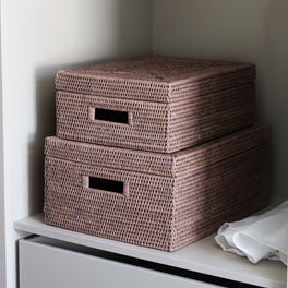 Marbury Taupe Rectangular Lidded Rattan Storage Basket