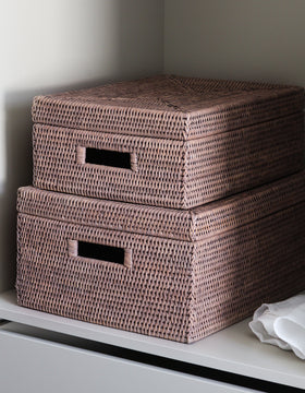 Marbury Taupe Rectangular Lidded Rattan Storage Basket