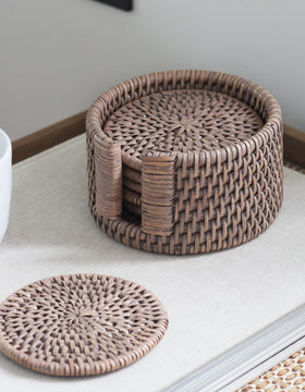 Marbury Taupe Round Rattan Coasters  Set of 6