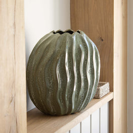 Narrow Wavy Ribbed Green Vase