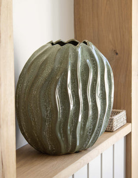 Narrow Wavy Ribbed Green Vase