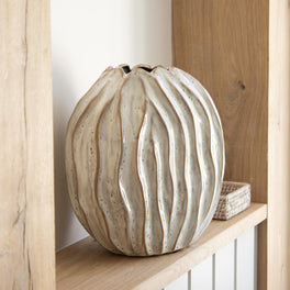 Narrow Wavy Ribbed Off White Vase