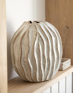 Narrow Wavy Ribbed Off White Vase