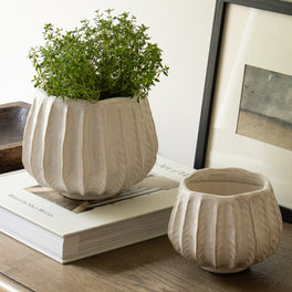 Natural and White Ribbed Ceramic Plant Pot