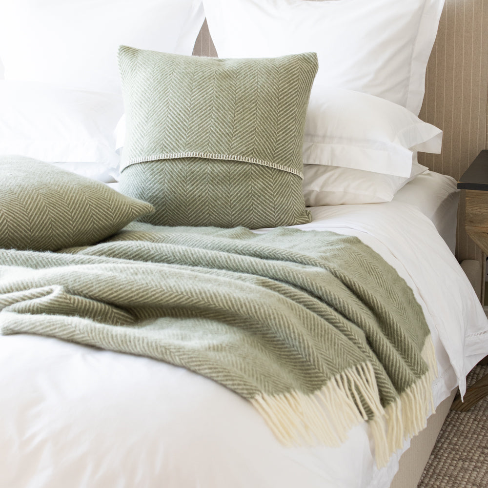 Extra Large Sage Green Herringbone Wool Throw - Marquis & Dawe