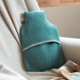 Teal And Blue Herringbone Wool Hot Water Bottle