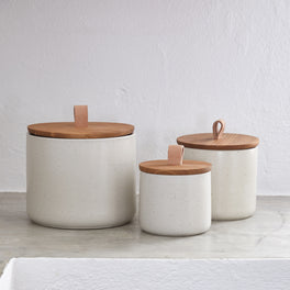 Round Oak And Stoneware Storage Canister