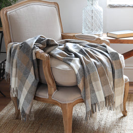 Beige And Grey Check Lambswool Throw