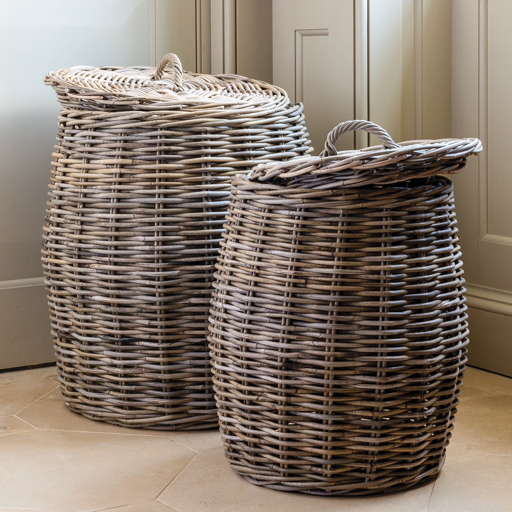 Grey & Buff Round Rattan Laundry Basket - The Basket Company
