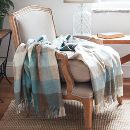Sea Blue and Beige Check Wool Throw