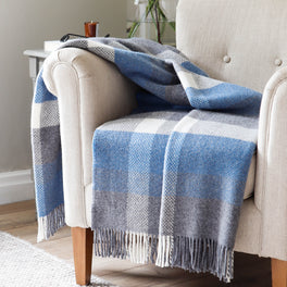 Blue and Grey Check Merino and Cashmere Wool Throw