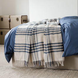Extra Large Beige and Navy Check Wool Throw