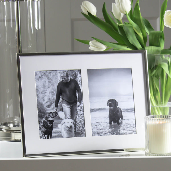 Brushed Aluminum Double Photo Frame - Holds 2 Horizontal 6x4" Pictures, Folding Stand Design