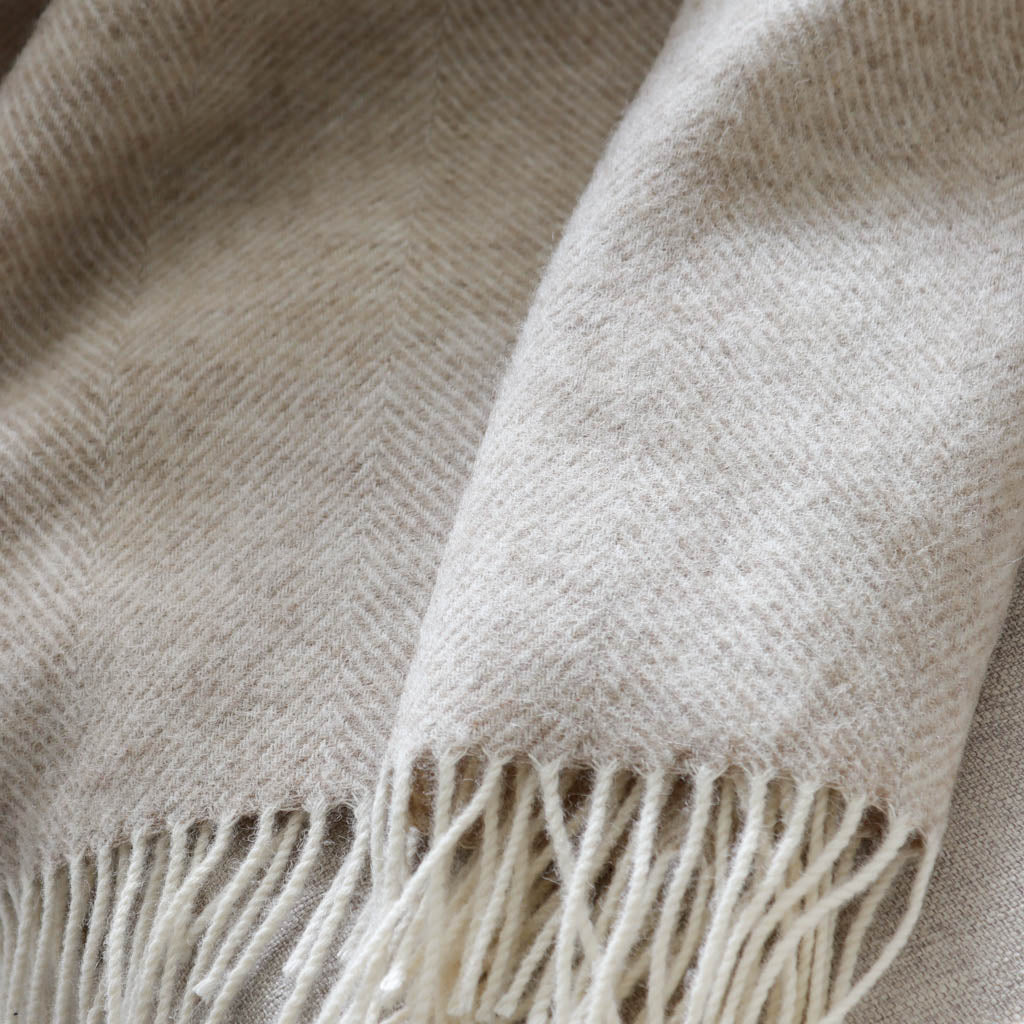 Wool Throw Natural Beige Herringbone Wool Throw - Marquis & Dawe