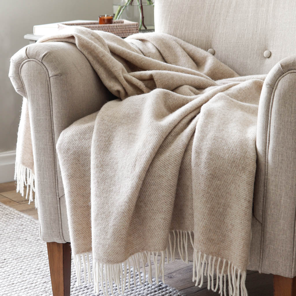 Beiege Throw Natural Beige Herringbone Wool Throw - Marquis & Dawe