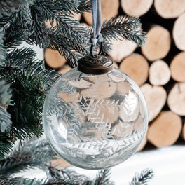 Two Clear Glass Baubles with Etched Snowflake